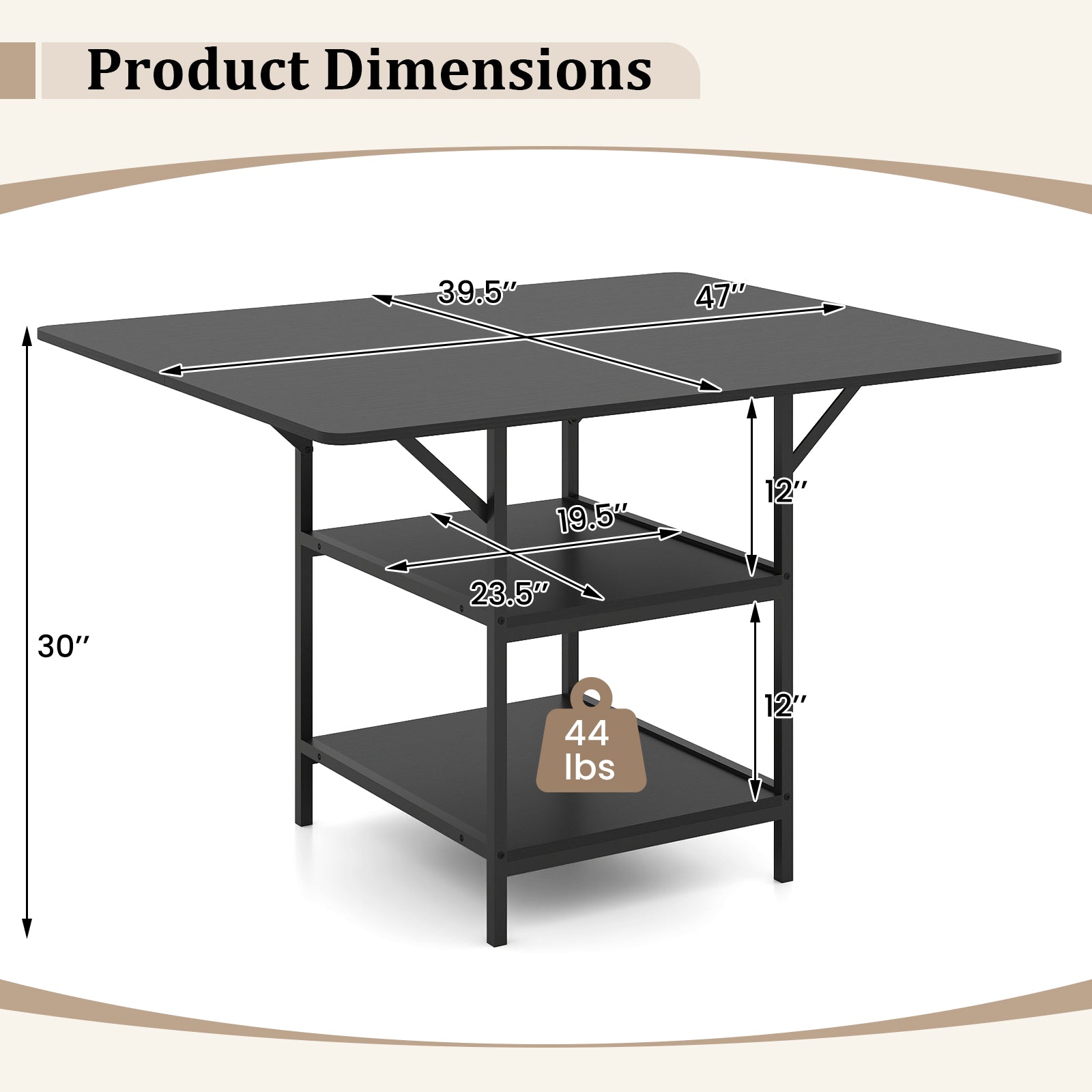 47 Inch Rectangular Dining Table with 2 Open Storage Shelves and Sturdy Metal Legs for 4-6-Black