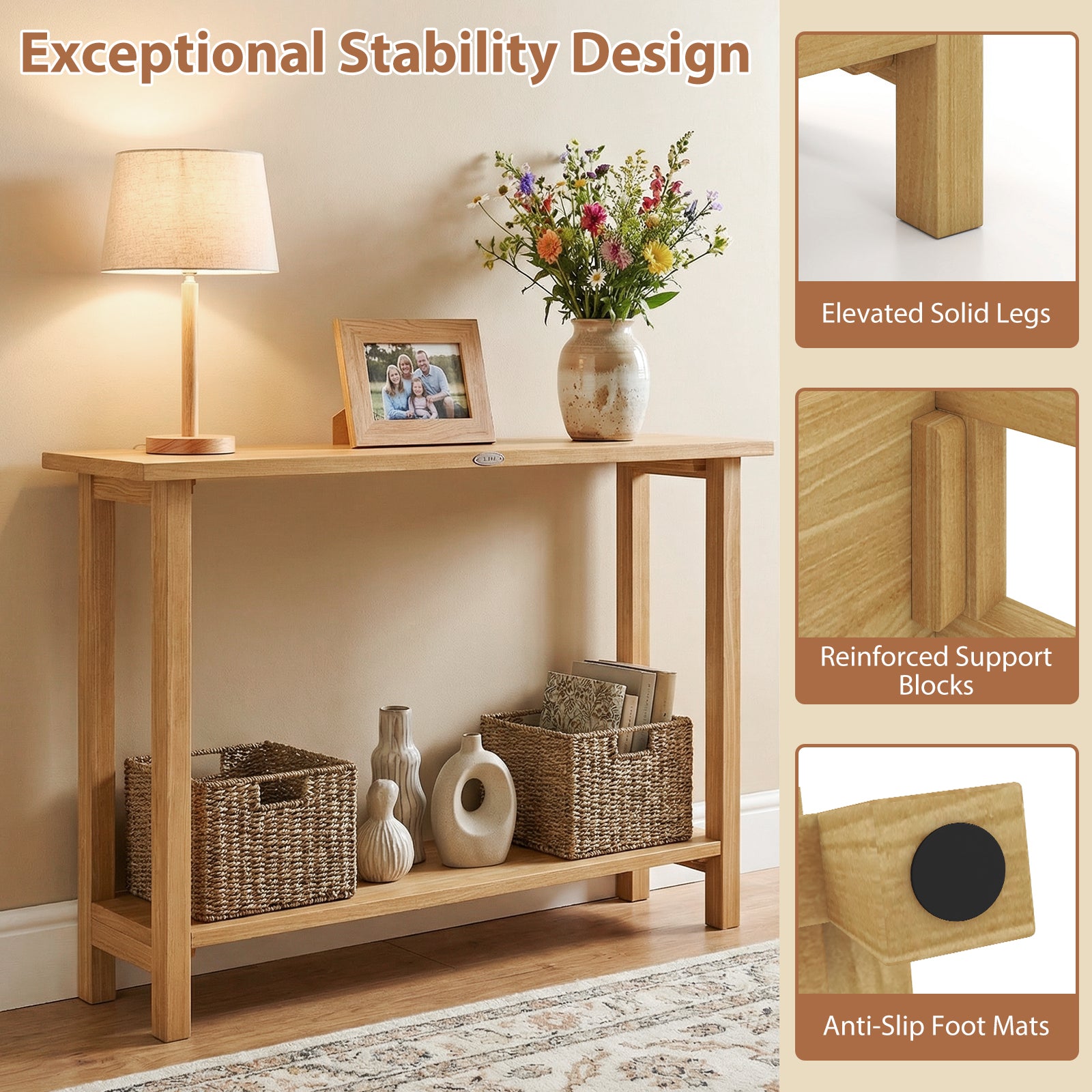 47 Inch Solid Wood Console Table with Teak Wood Frame and Storage Shelf