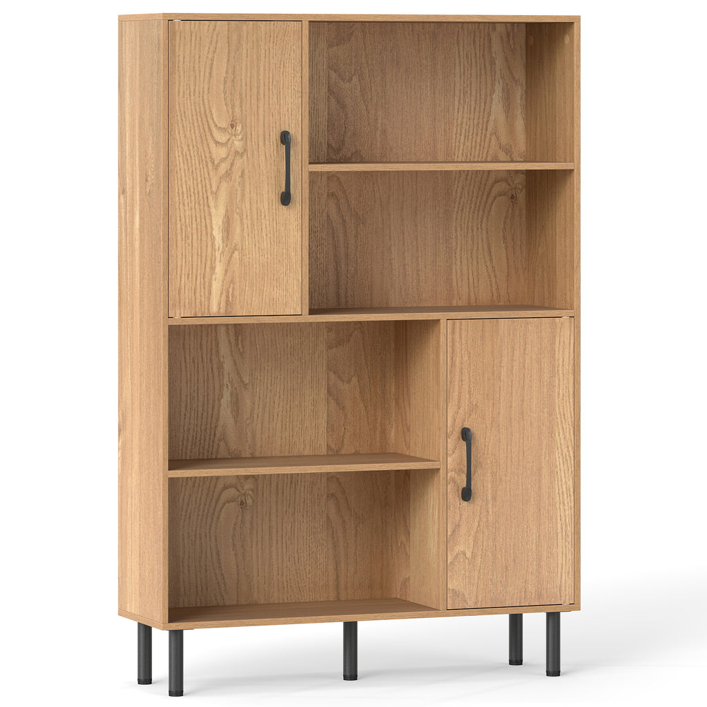 47 Inch Storage Cabinet Freestanding Bookcase with 2 Doors and 4 Open Shelves-Natural