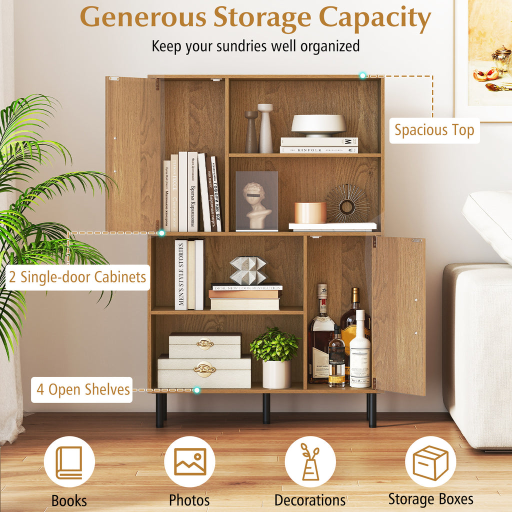 47 Inch Storage Cabinet Freestanding Bookcase with 2 Doors and 4 Open Shelves-Natural