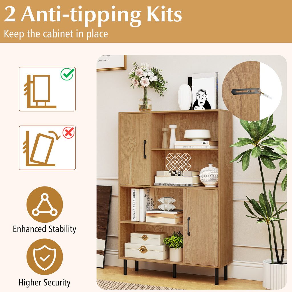 47 Inch Storage Cabinet Freestanding Bookcase with 2 Doors and 4 Open Shelves-Natural