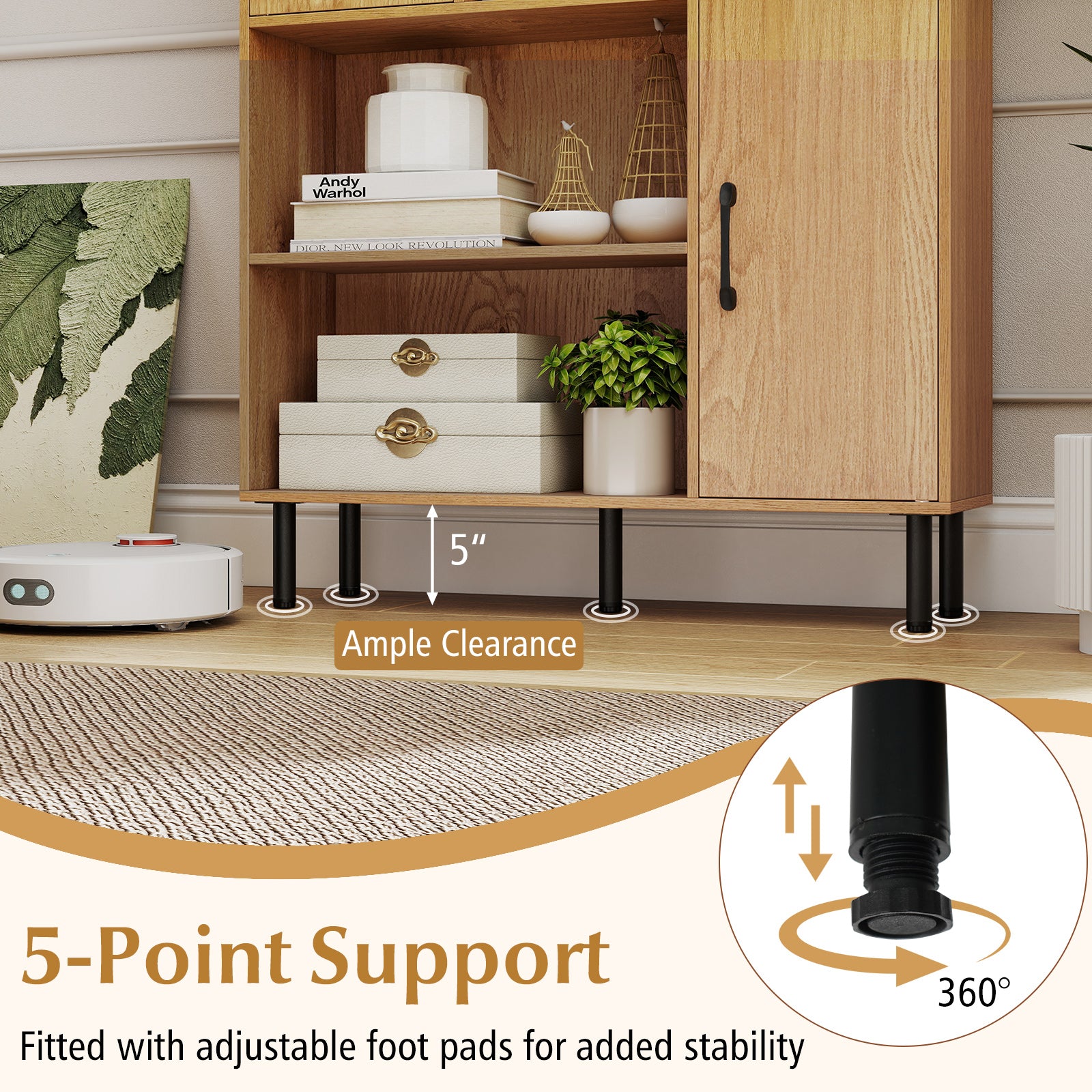 47 Inch Storage Cabinet Freestanding Bookcase with 2 Doors and 4 Open Shelves-Natural