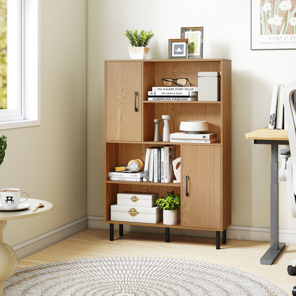 47 Inch Storage Cabinet Freestanding Bookcase with 2 Doors and 4 Open Shelves-Natural