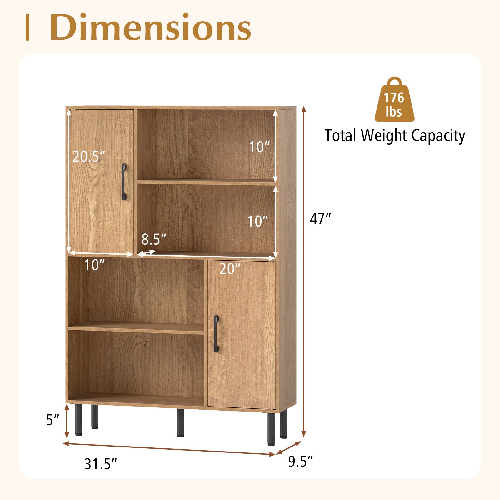 47 Inch Storage Cabinet Freestanding Bookcase with 2 Doors and 4 Open Shelves-Natural