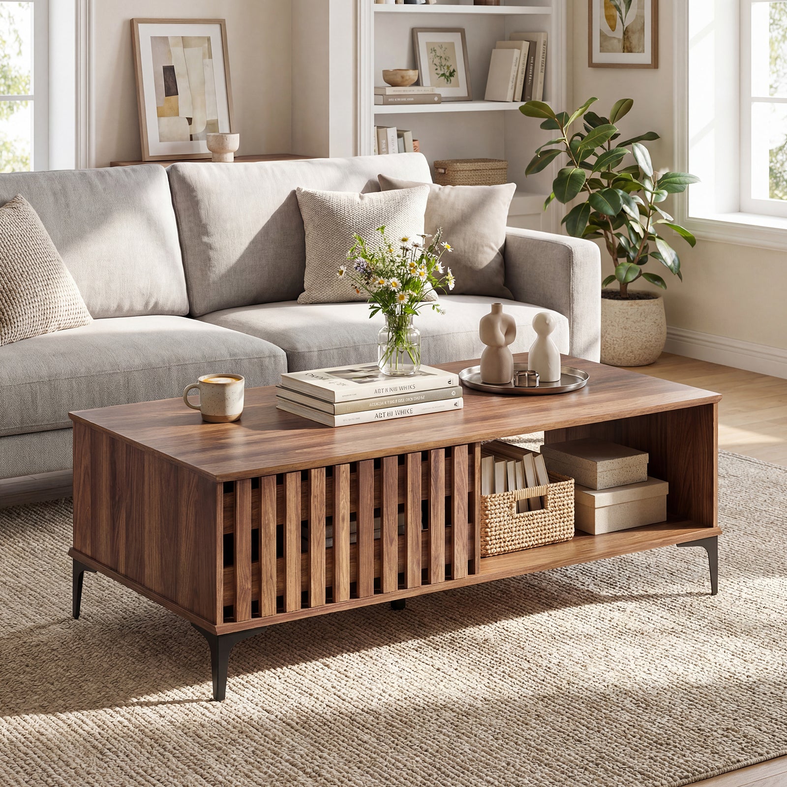 47 Inches Mid Century Coffee Table Farmhouse Wooden Center Table-Walnut