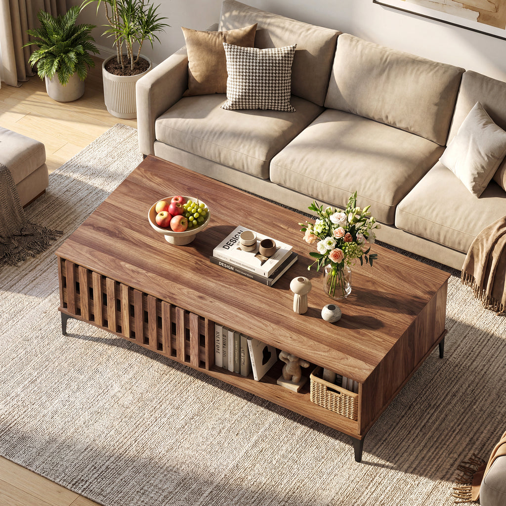 47 Inches Mid Century Coffee Table Farmhouse Wooden Center Table-Walnut