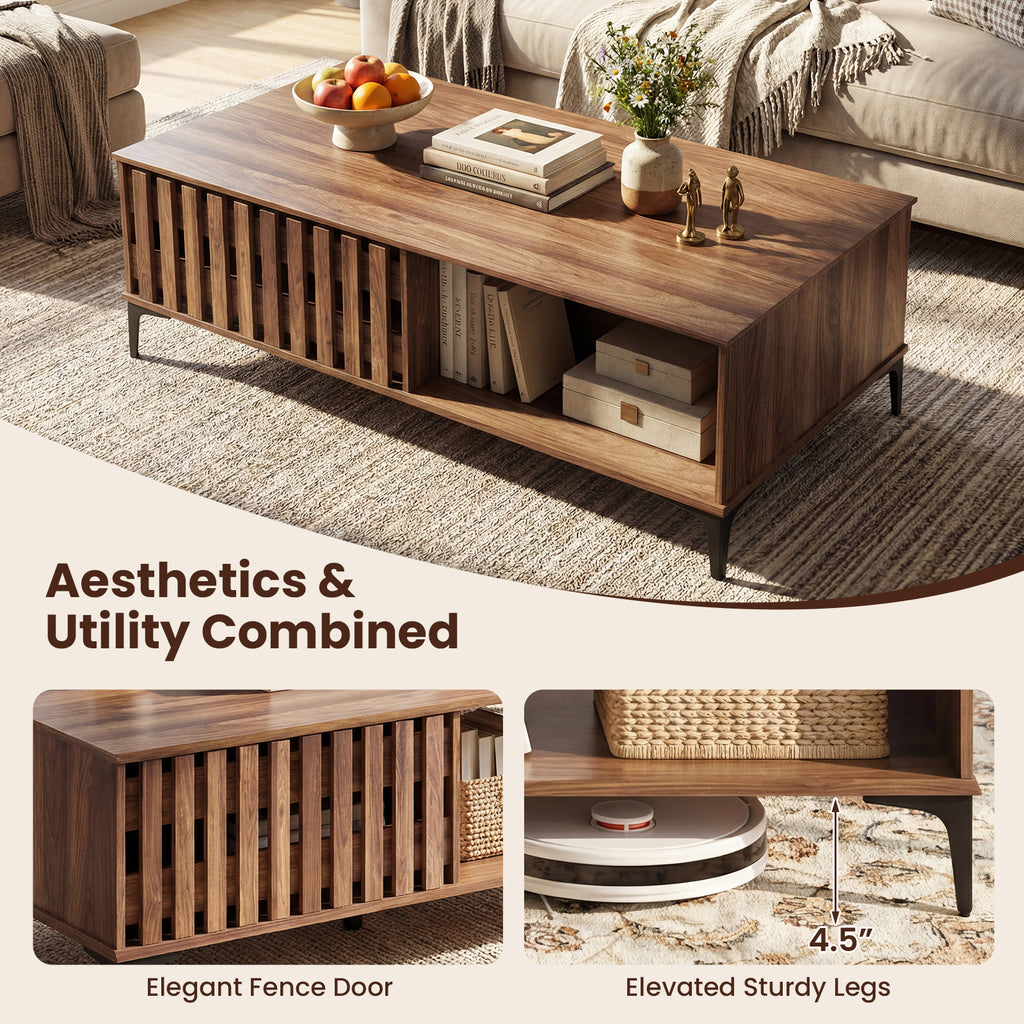 47 Inches Mid Century Coffee Table Farmhouse Wooden Center Table-Walnut