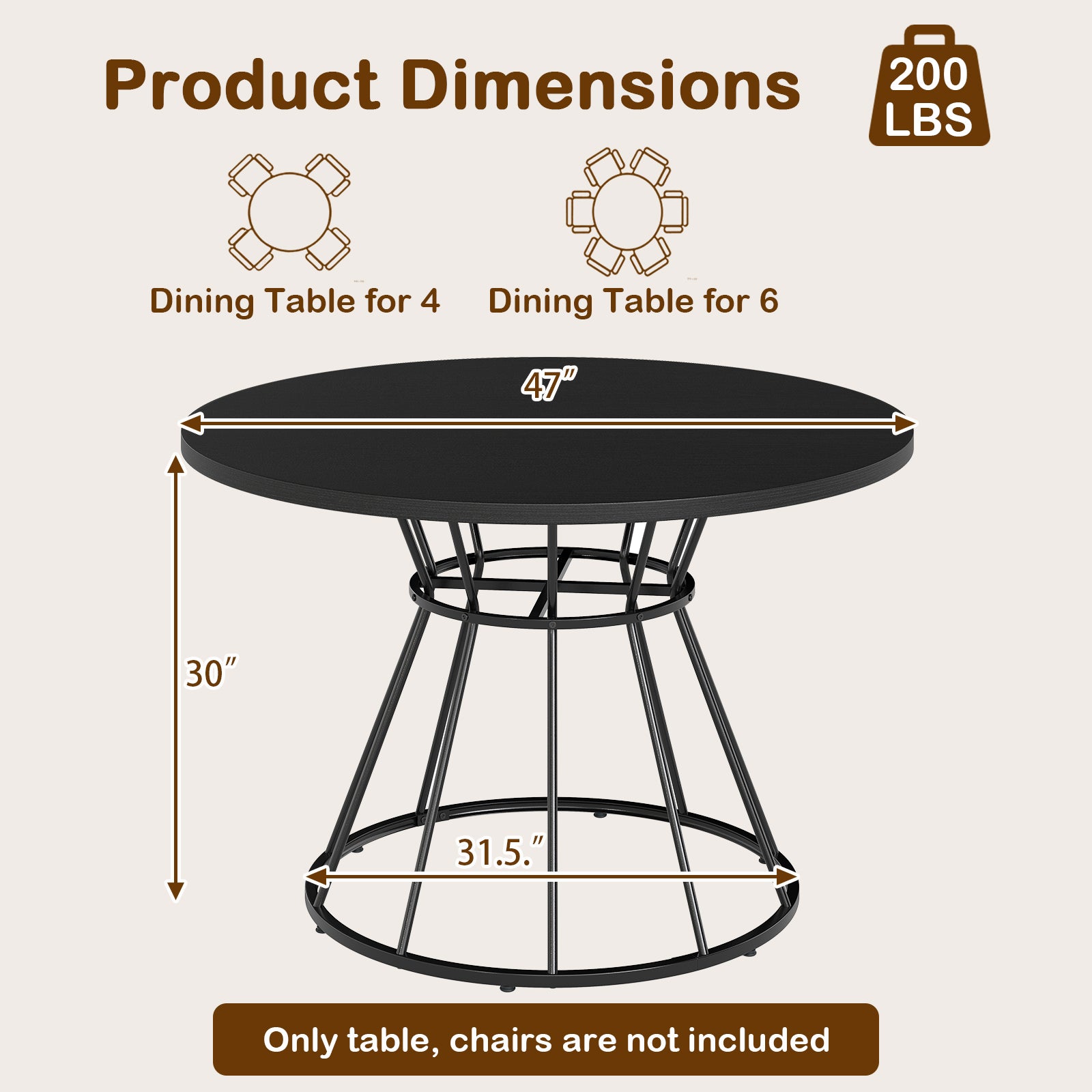 47 Inches Round Dining Table for 4 Farmhouse Kitchen Table with Wooden Tabletop-Black