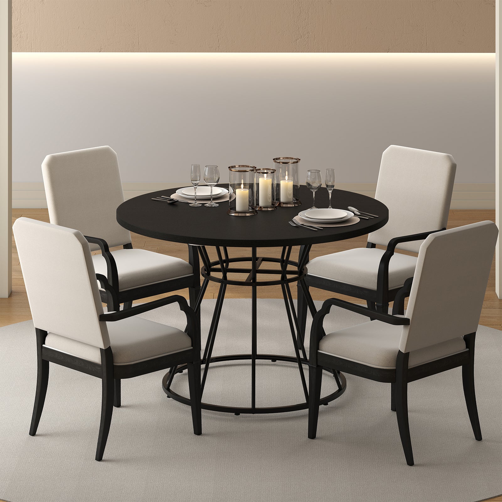 47 Inches Round Dining Table for 4 Farmhouse Kitchen Table with Wooden Tabletop-Black