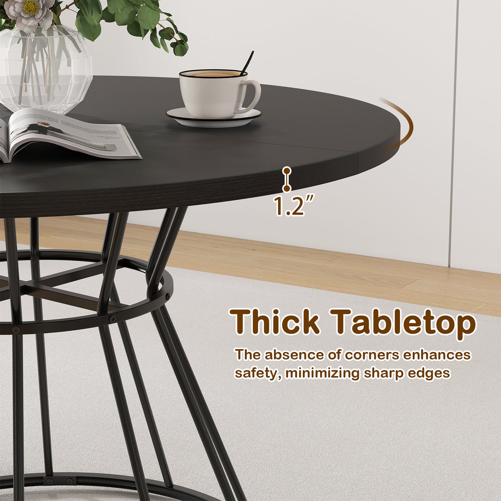 47 Inches Round Dining Table for 4 Farmhouse Kitchen Table with Wooden Tabletop-Black
