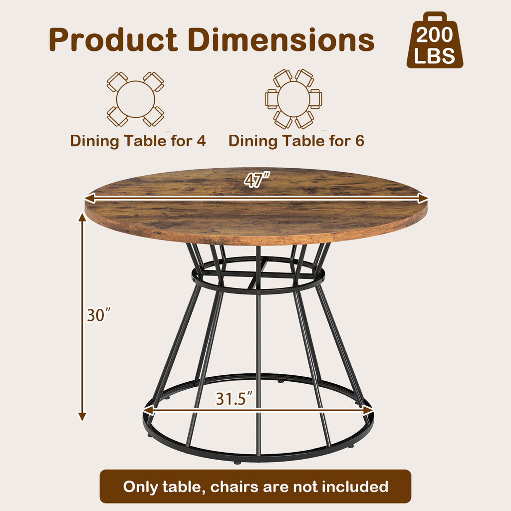 47 Inches Round Dining Table for 4 Farmhouse Kitchen Table with Wooden Tabletop-Brown