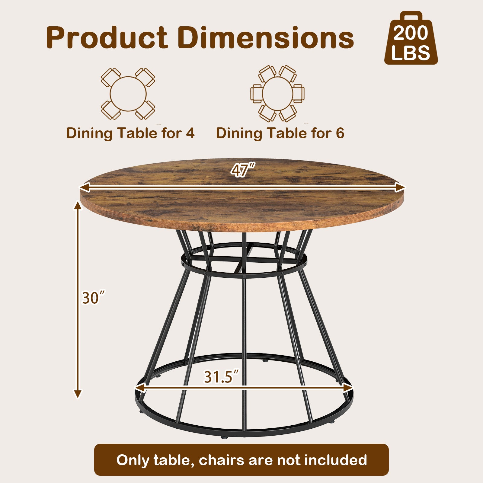 47 Inches Round Dining Table for 4 Farmhouse Kitchen Table with Wooden Tabletop-Brown