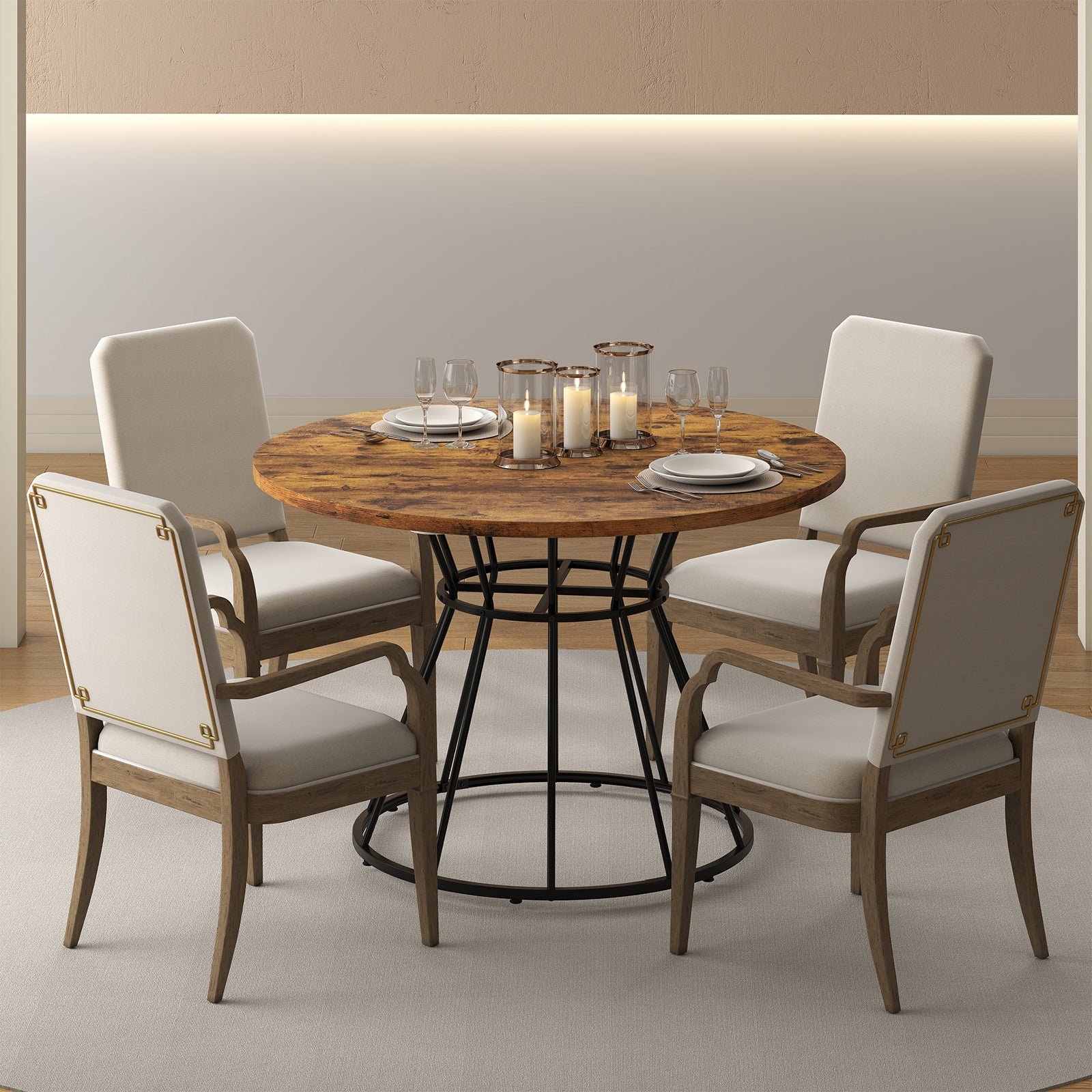 47 Inches Round Dining Table for 4 Farmhouse Kitchen Table with Wooden Tabletop-Brown