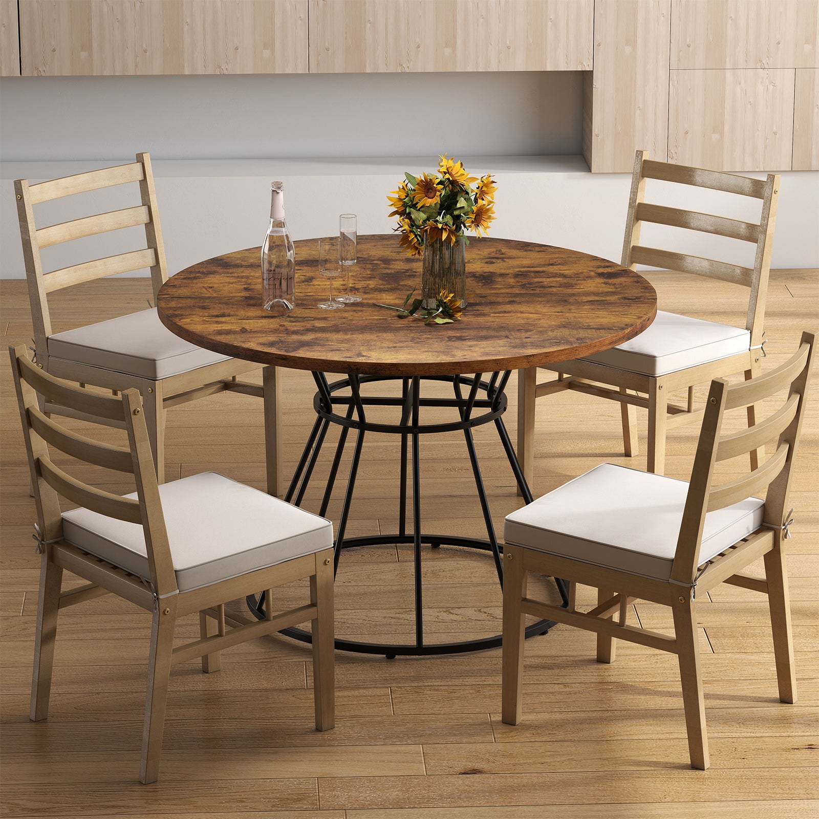 47 Inches Round Dining Table for 4 Farmhouse Kitchen Table with Wooden Tabletop-Brown