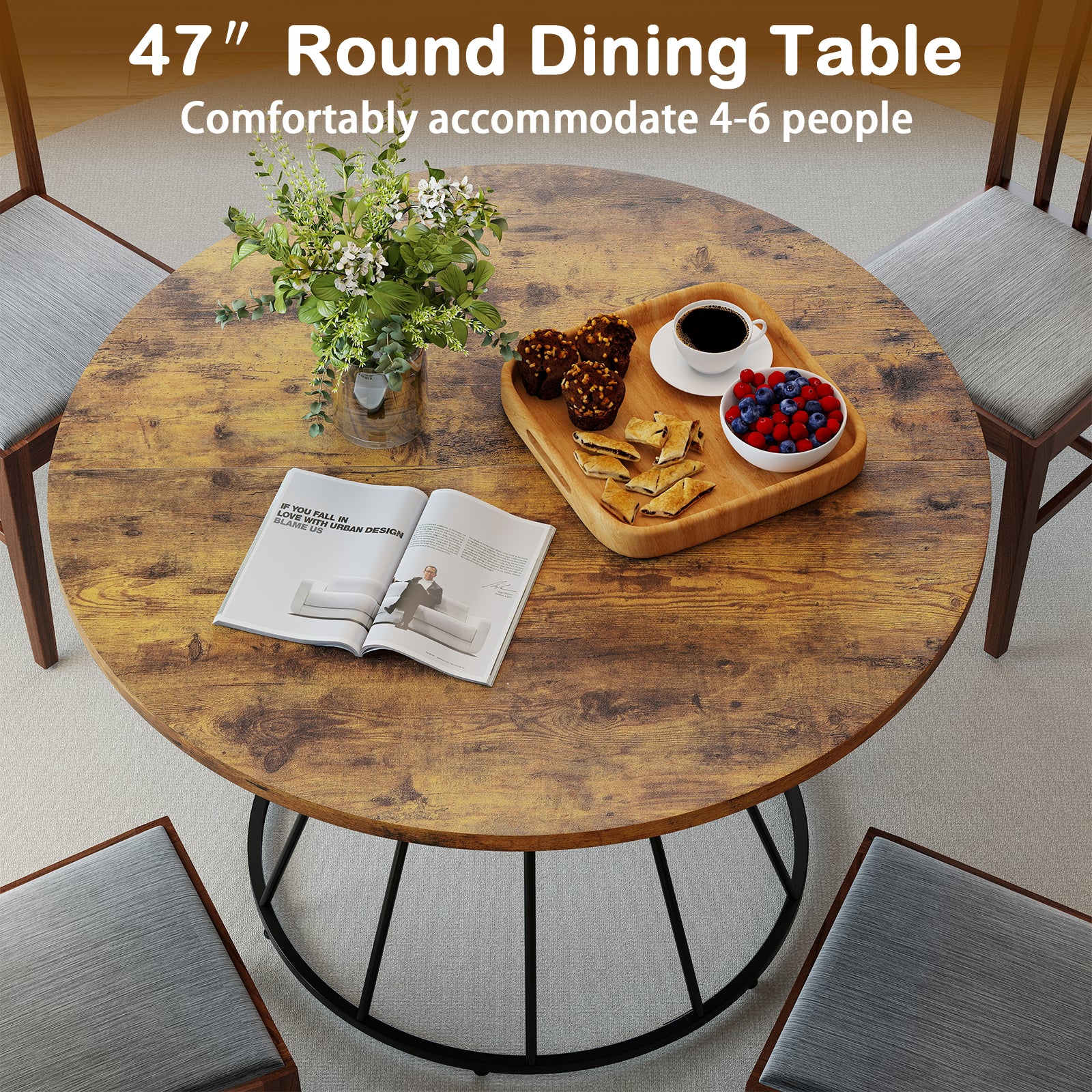 47 Inches Round Dining Table for 4 Farmhouse Kitchen Table with Wooden Tabletop-Brown