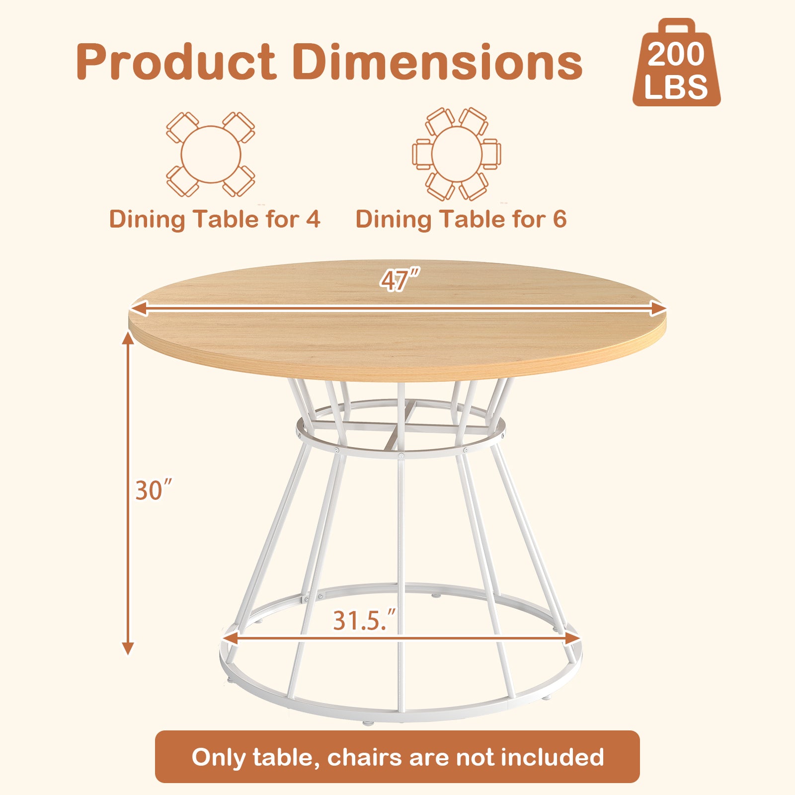 47 Inches Round Dining Table for 4 Farmhouse Kitchen Table with Wooden Tabletop-Natural