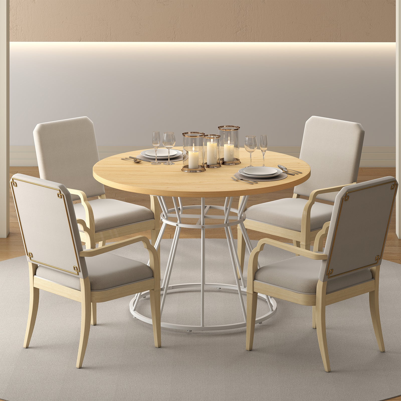 47 Inches Round Dining Table for 4 Farmhouse Kitchen Table with Wooden Tabletop-Natural