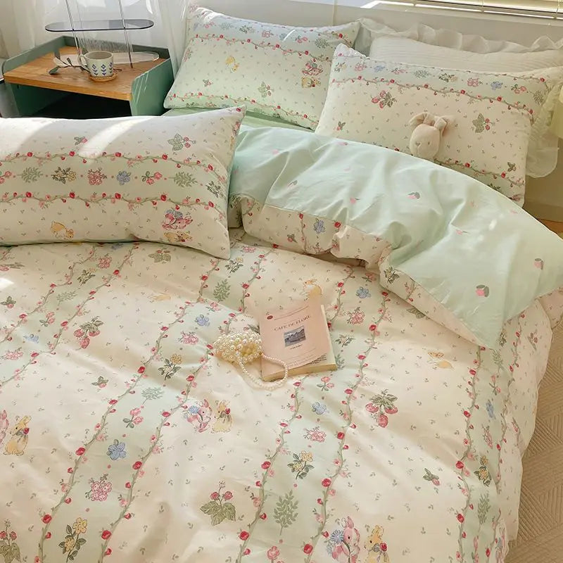 Floral bedding set on a bed with a side table in the background