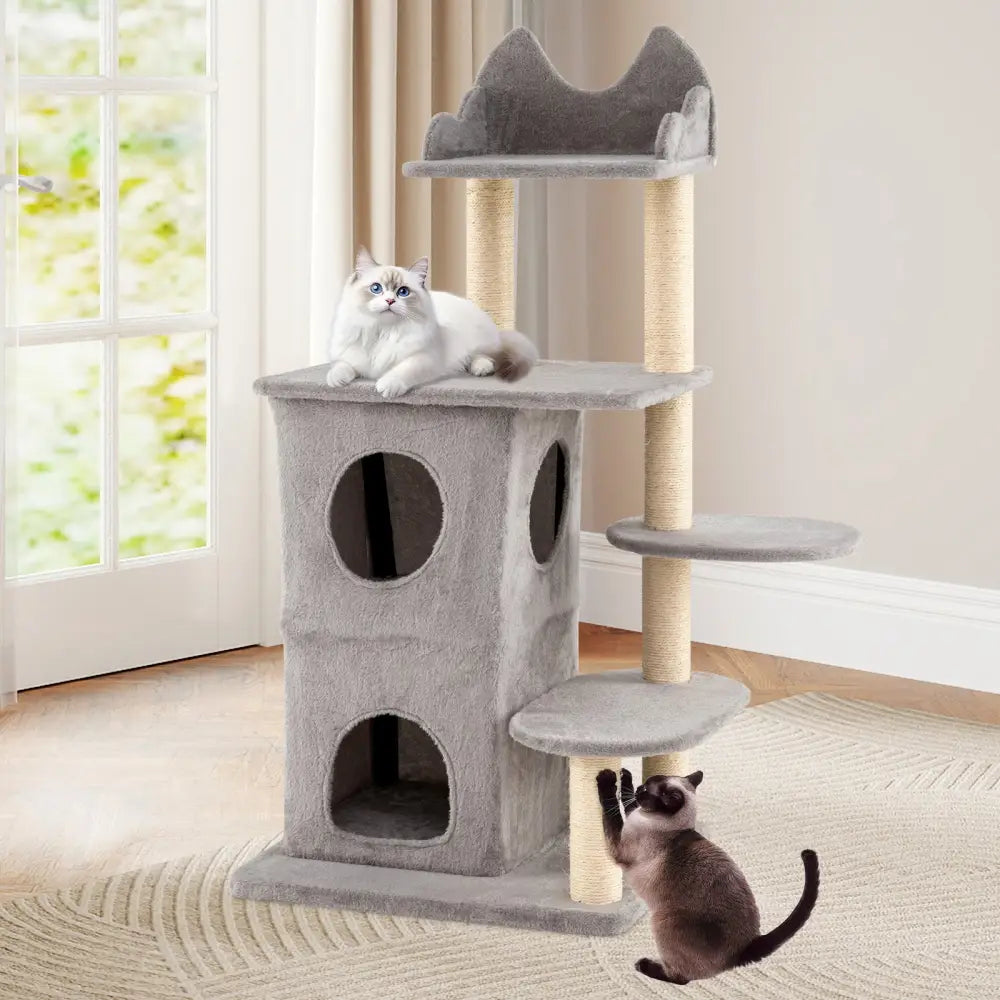 48.5 inch Cat Tree with 2-story Condo and 3 Hideaway Caves for Large Cats-Gray - Gray - Cat Trees Condos & Scratchers
