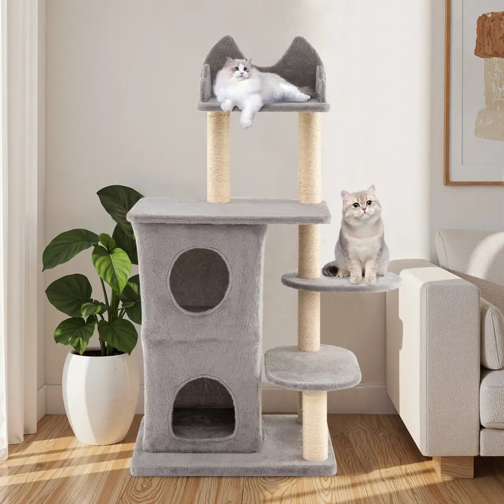 48.5 inch Cat Tree with 2-story Condo and 3 Hideaway Caves for Large Cats-Gray - Gray - Cat Trees Condos & Scratchers