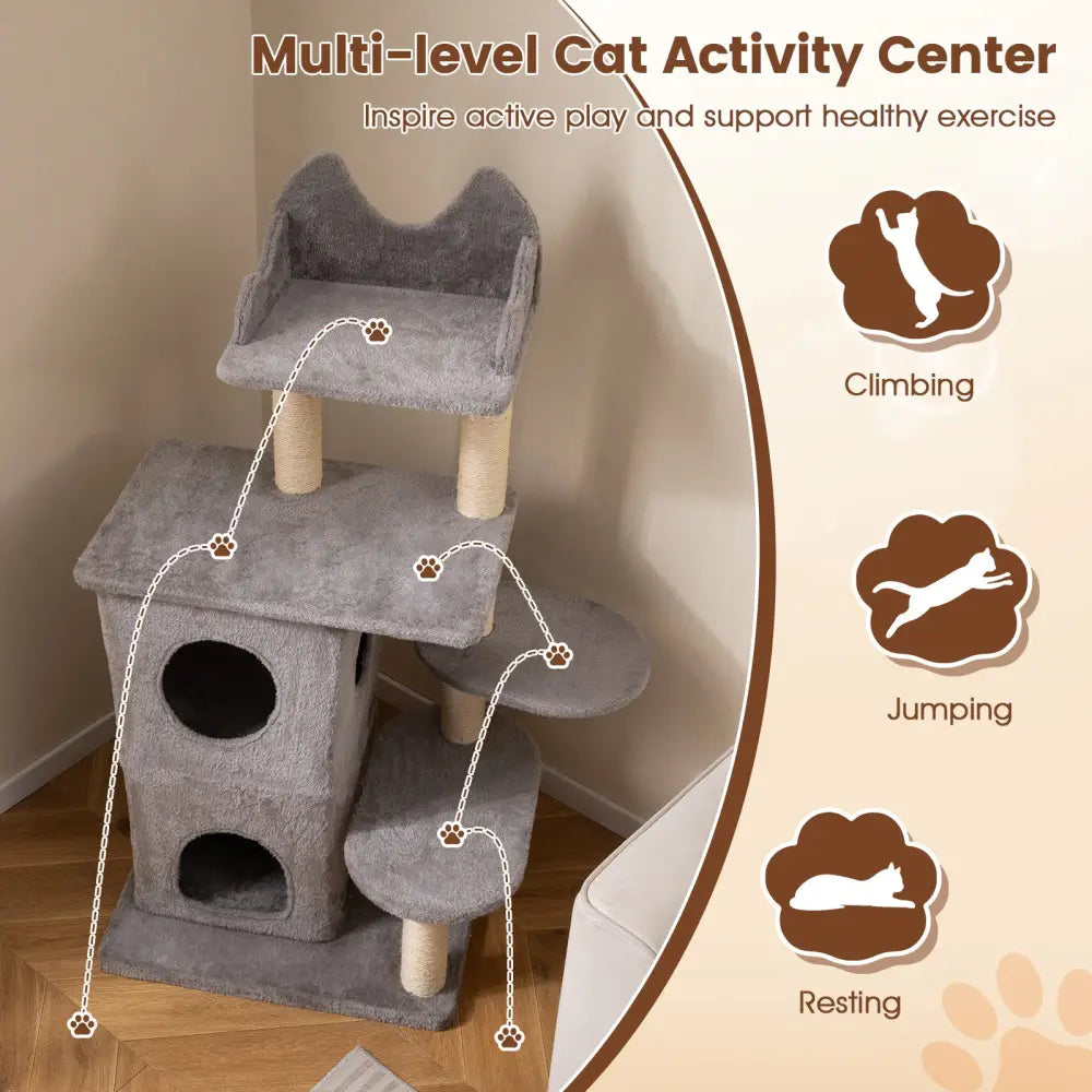 48.5 inch Cat Tree with 2-story Condo and 3 Hideaway Caves for Large Cats-Gray - Gray - Cat Trees Condos & Scratchers