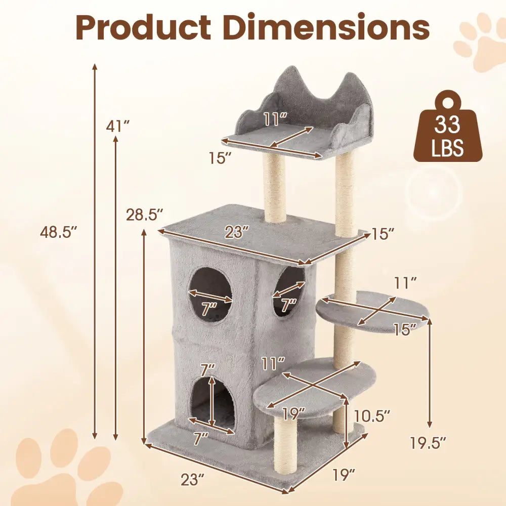 48.5 inch Cat Tree with 2-story Condo and 3 Hideaway Caves for Large Cats-Gray - Gray - Cat Trees Condos & Scratchers