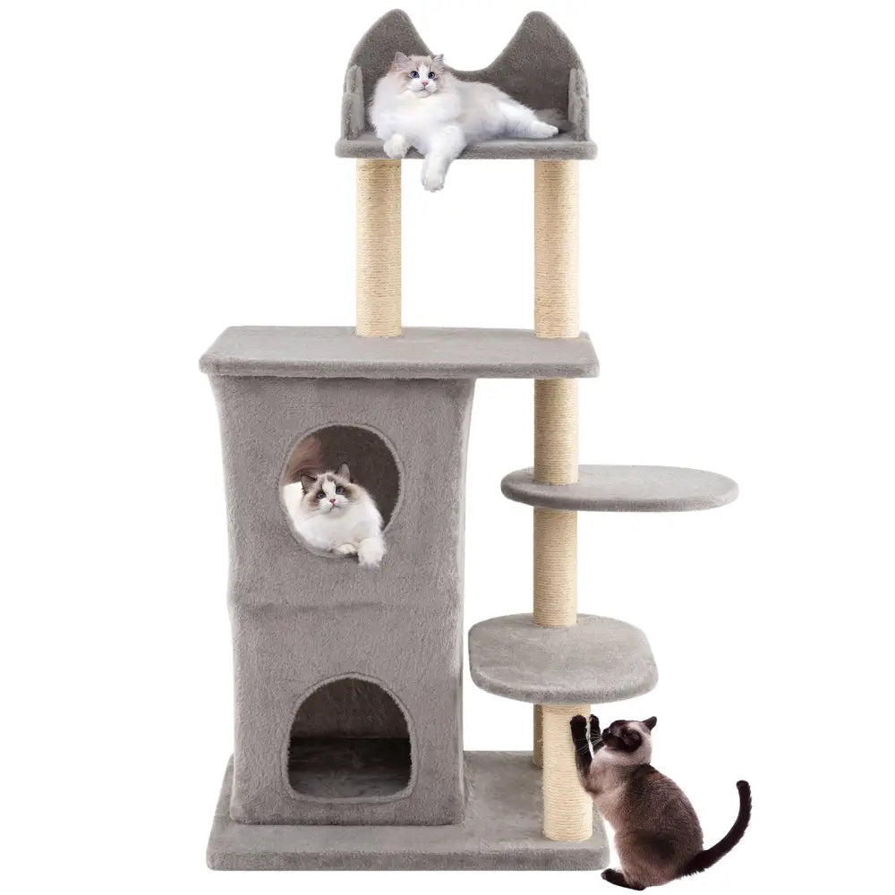48.5 inch Cat Tree with 2-story Condo and 3 Hideaway Caves for Large Cats-Gray - Gray - Cat Trees Condos & Scratchers