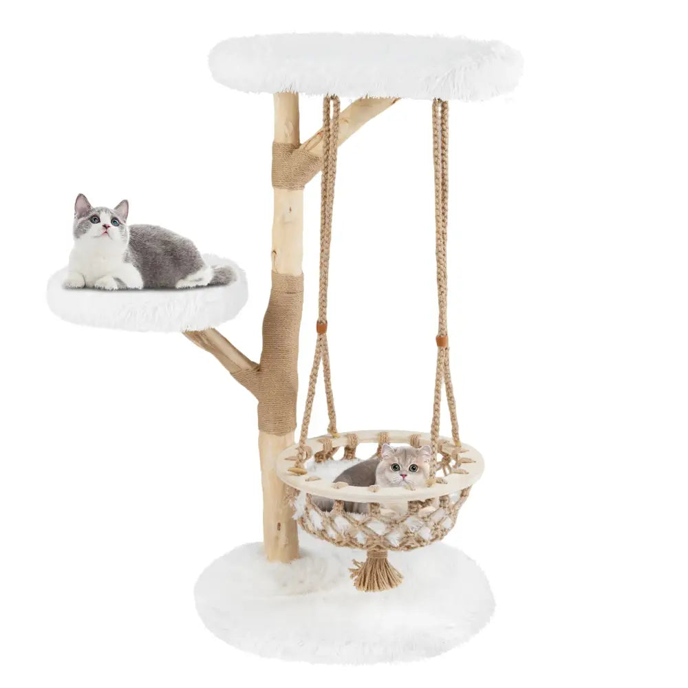48.5 Inch Solid Wood Cat Tree with Hanging Cradle and Jute Scratching Post-White - White - Cat Trees Condos & Scratchers