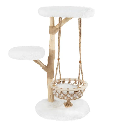 48.5 Inch Solid Wood Cat Tree with Hanging Cradle and Jute Scratching Post - White - Oasis Home Essentials