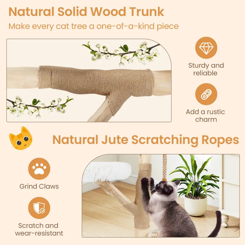 48.5 Inch Solid Wood Cat Tree with Hanging Cradle and Jute Scratching Post-White - White - Cat Trees Condos & Scratchers
