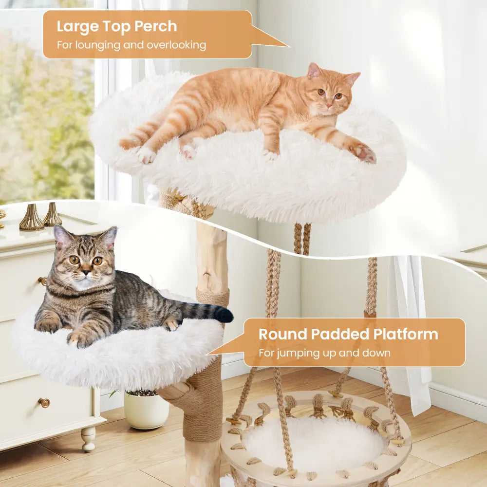 48.5 Inch Solid Wood Cat Tree with Hanging Cradle and Jute Scratching Post-White - White - Cat Trees Condos & Scratchers