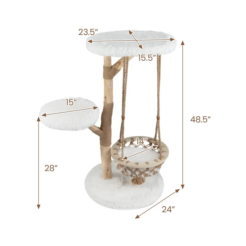 48.5 Inch Solid Wood Cat Tree with Hanging Cradle and Jute Scratching Post-White - White - Cat Trees Condos & Scratchers