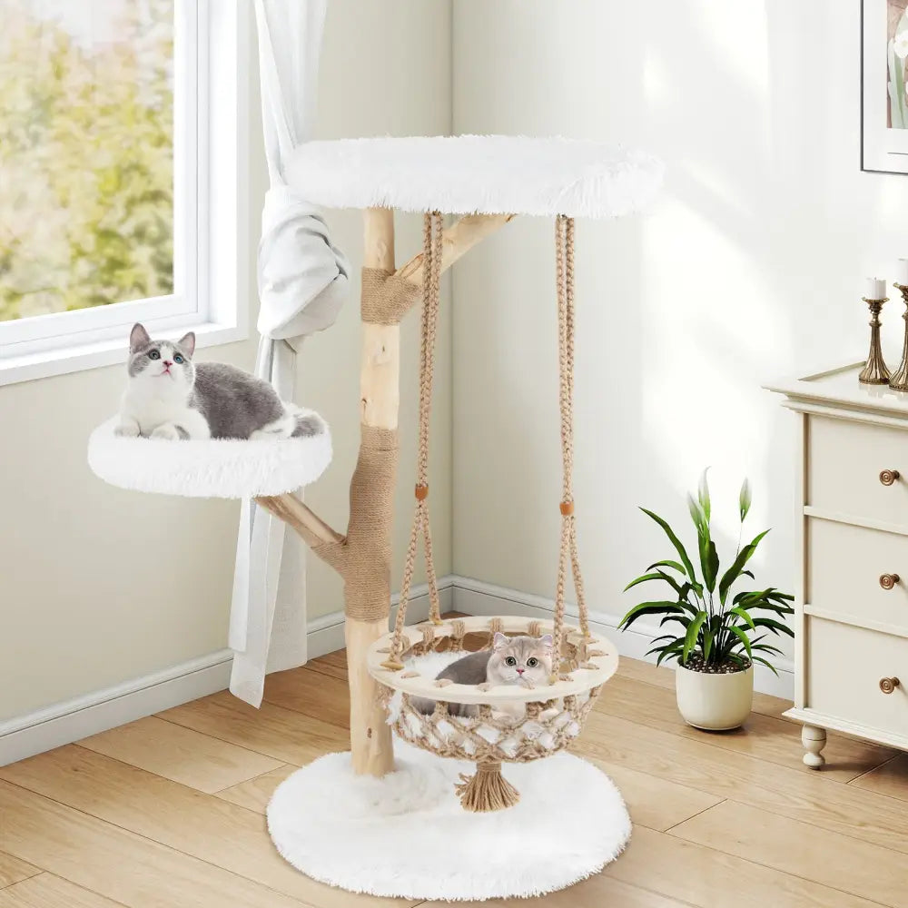 48.5 Inch Solid Wood Cat Tree with Hanging Cradle and Jute Scratching Post-White - White - Cat Trees Condos & Scratchers
