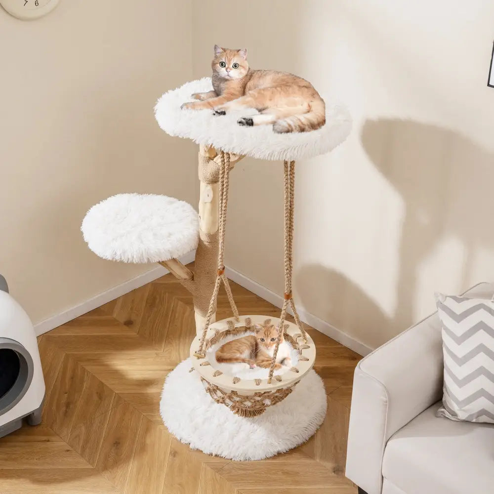 48.5 Inch Solid Wood Cat Tree with Hanging Cradle and Jute Scratching Post-White - White - Cat Trees Condos & Scratchers