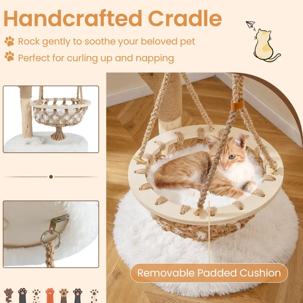 48.5 Inch Solid Wood Cat Tree with Hanging Cradle and Jute Scratching Post-White - White - Cat Trees Condos & Scratchers