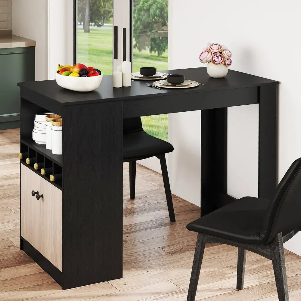 48 Inch Bar Table with Storage Cabinet and Wine Rack-Black Costway