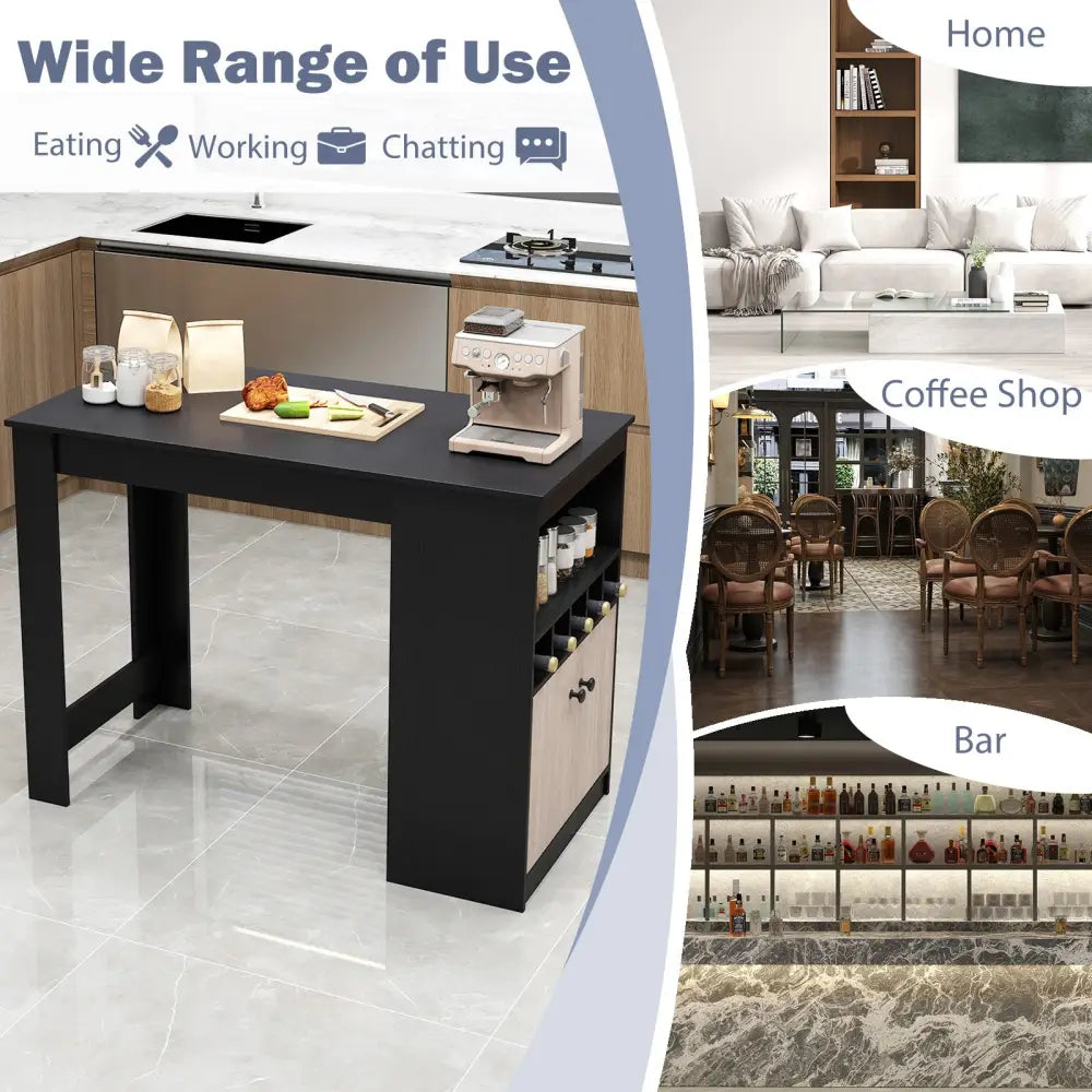 48 Inch Bar Table with Storage Cabinet and Wine Rack-Black Costway