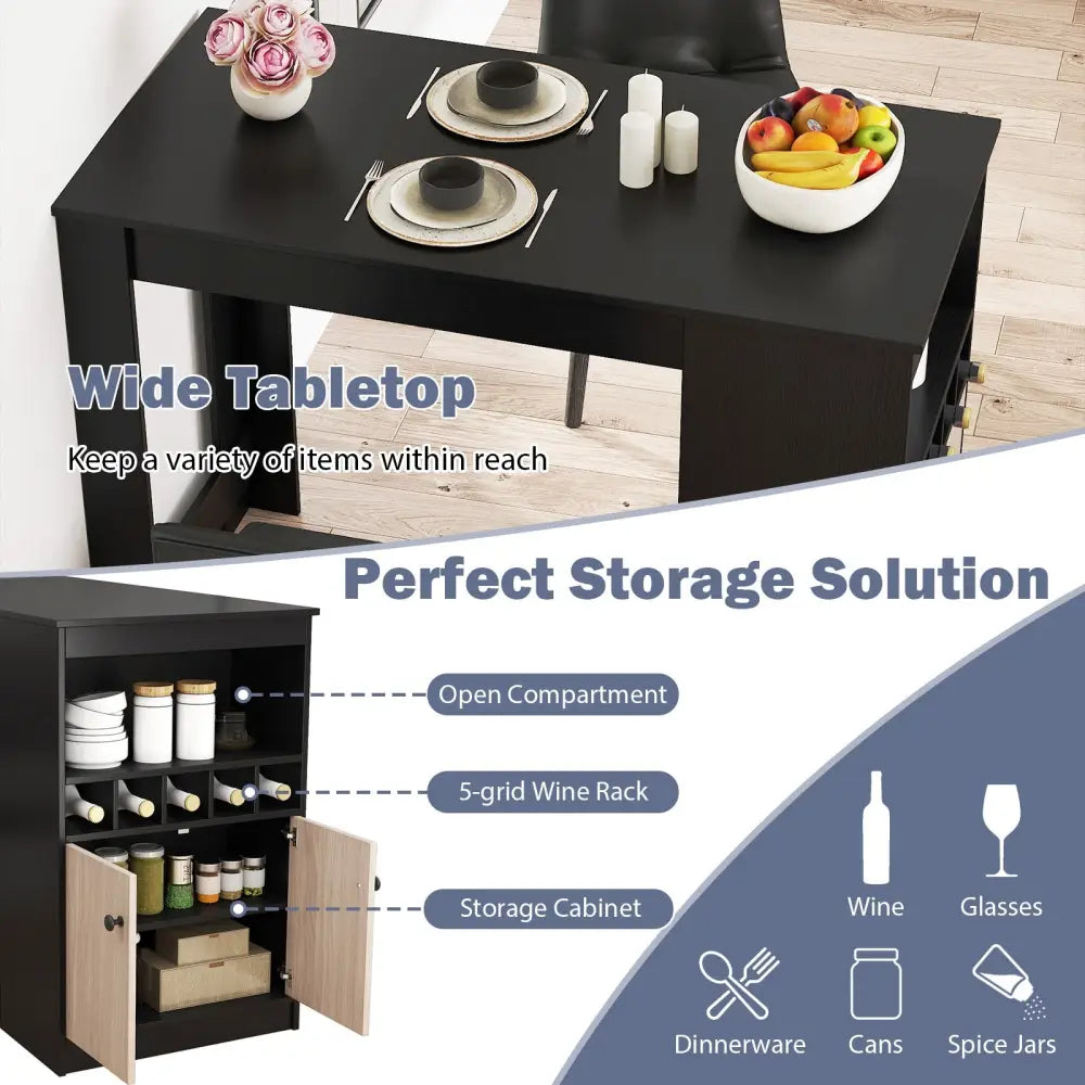 48 Inch Bar Table with Storage Cabinet and Wine Rack-Black Costway