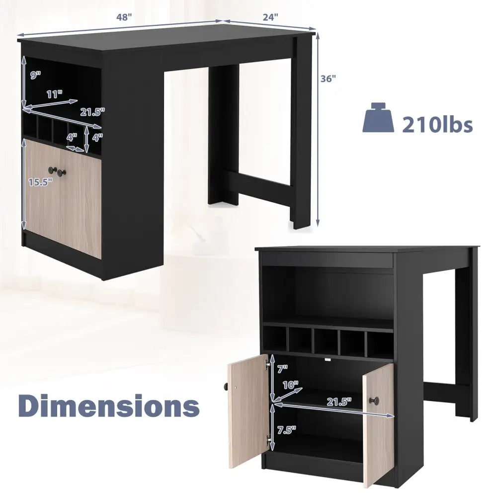 48 Inch Bar Table with Storage Cabinet and Wine Rack-Black Costway