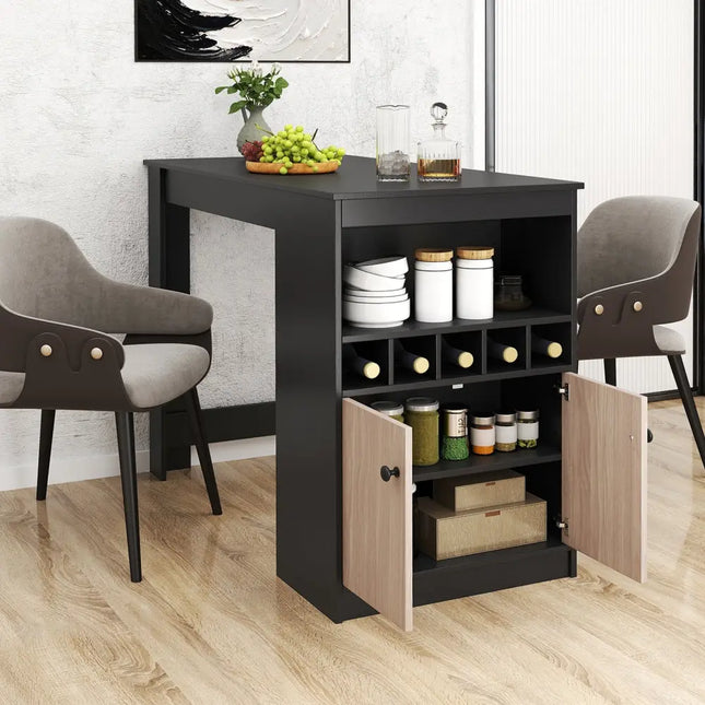 48 Inch Bar Table with Storage Cabinet and Wine Rack-Black Costway