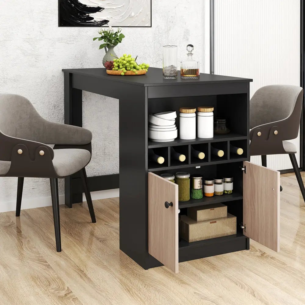 48 Inch Bar Table with Storage Cabinet and Wine Rack-Black Costway