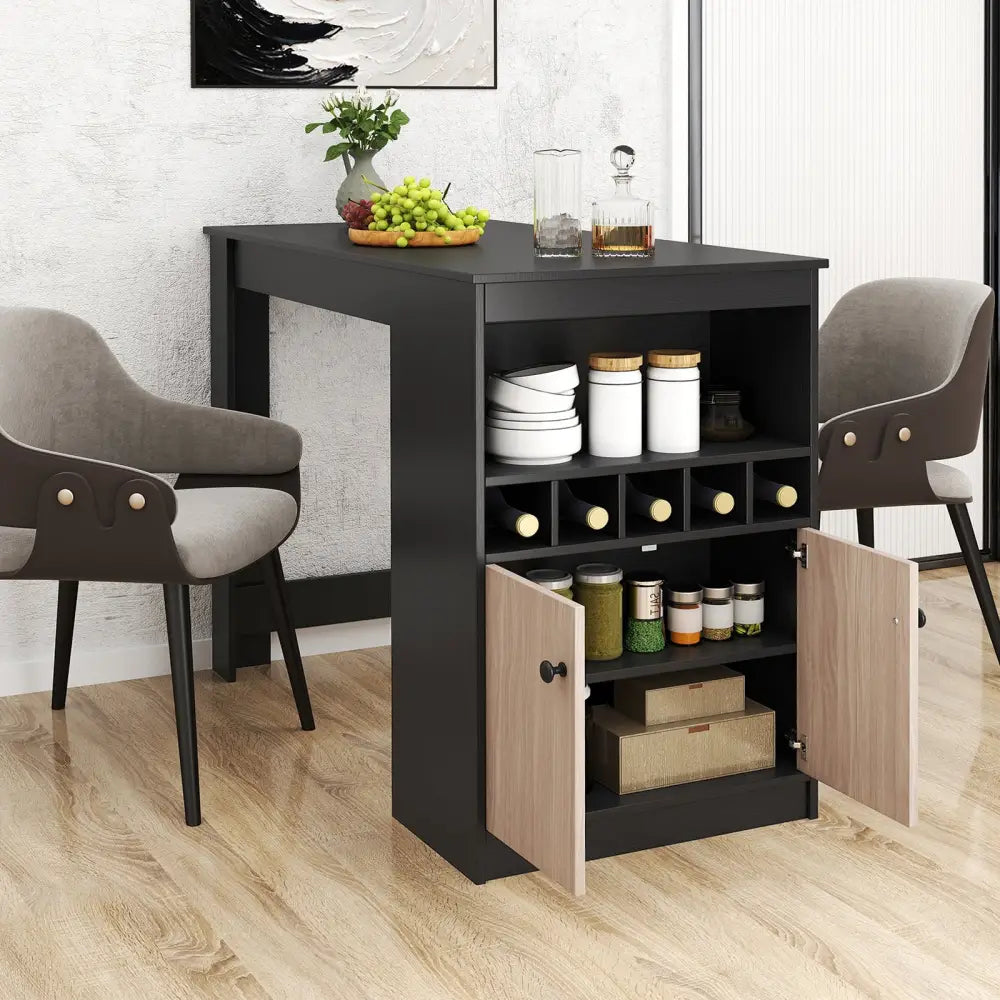 48 Inch Bar Table with Storage Cabinet and Wine Rack-Black - Black - Bar Tables
