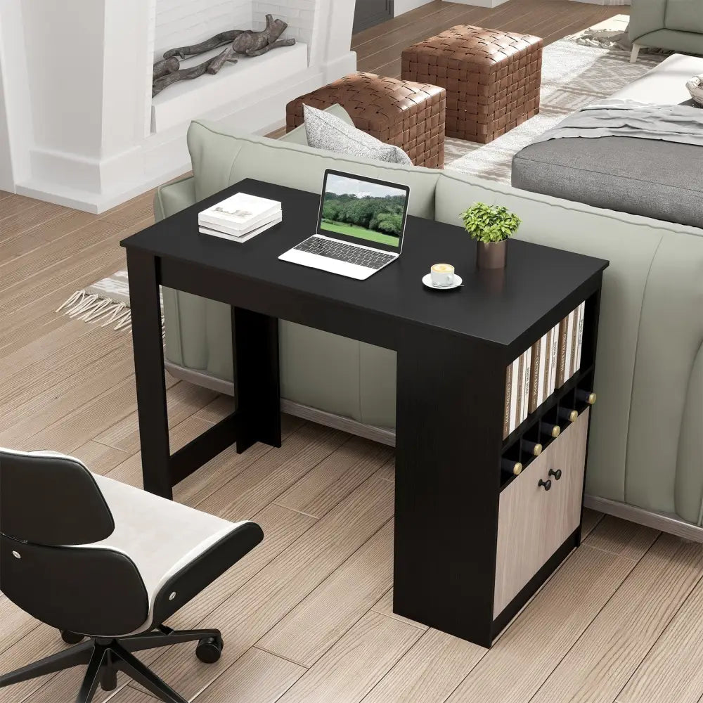 48 Inch Bar Table with Storage Cabinet and Wine Rack-Black Costway