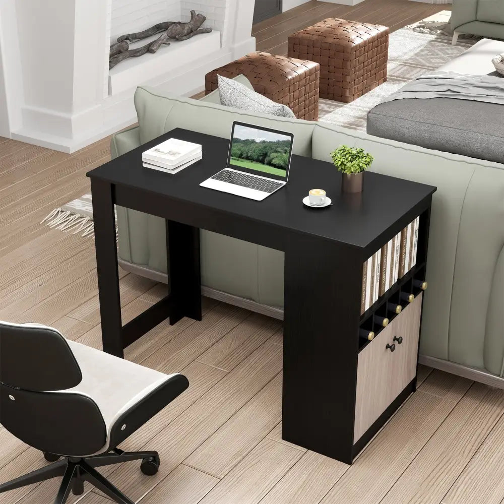 48 Inch Bar Table with Storage Cabinet and Wine Rack-Black - Black - Bar Tables