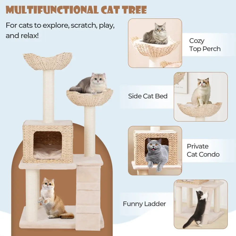 48 Inch Cattail Cat Tower with Sisal Scratching Posts Perch and Condo-Beige - Beige - Cat Trees Condos & Scratchers