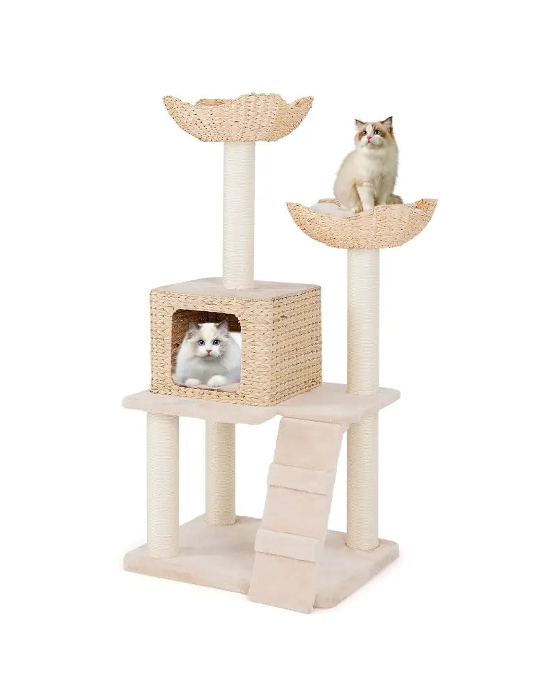 48 Inch Cattail Cat Tower with Sisal Scratching Posts Perch and Condo-Beige - Beige - Cat Trees Condos & Scratchers