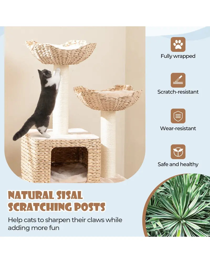 48 Inch Cattail Cat Tower with Sisal Scratching Posts Perch and Condo-Beige - Beige - Cat Trees Condos & Scratchers