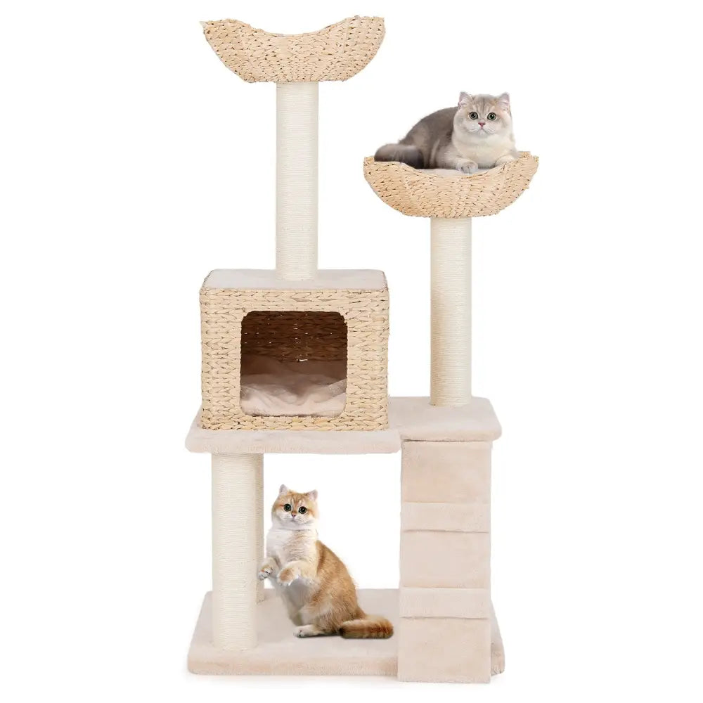 48 Inch Cattail Cat Tower with Sisal Scratching Posts Perch and Condo-Beige - Beige - Cat Trees Condos & Scratchers