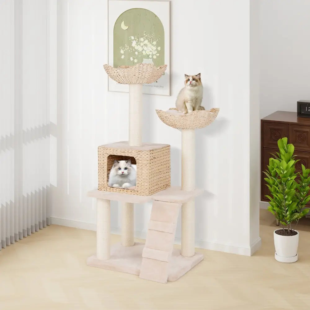 48 Inch Cattail Cat Tower with Sisal Scratching Posts Perch and Condo-Beige - Beige - Cat Trees Condos & Scratchers