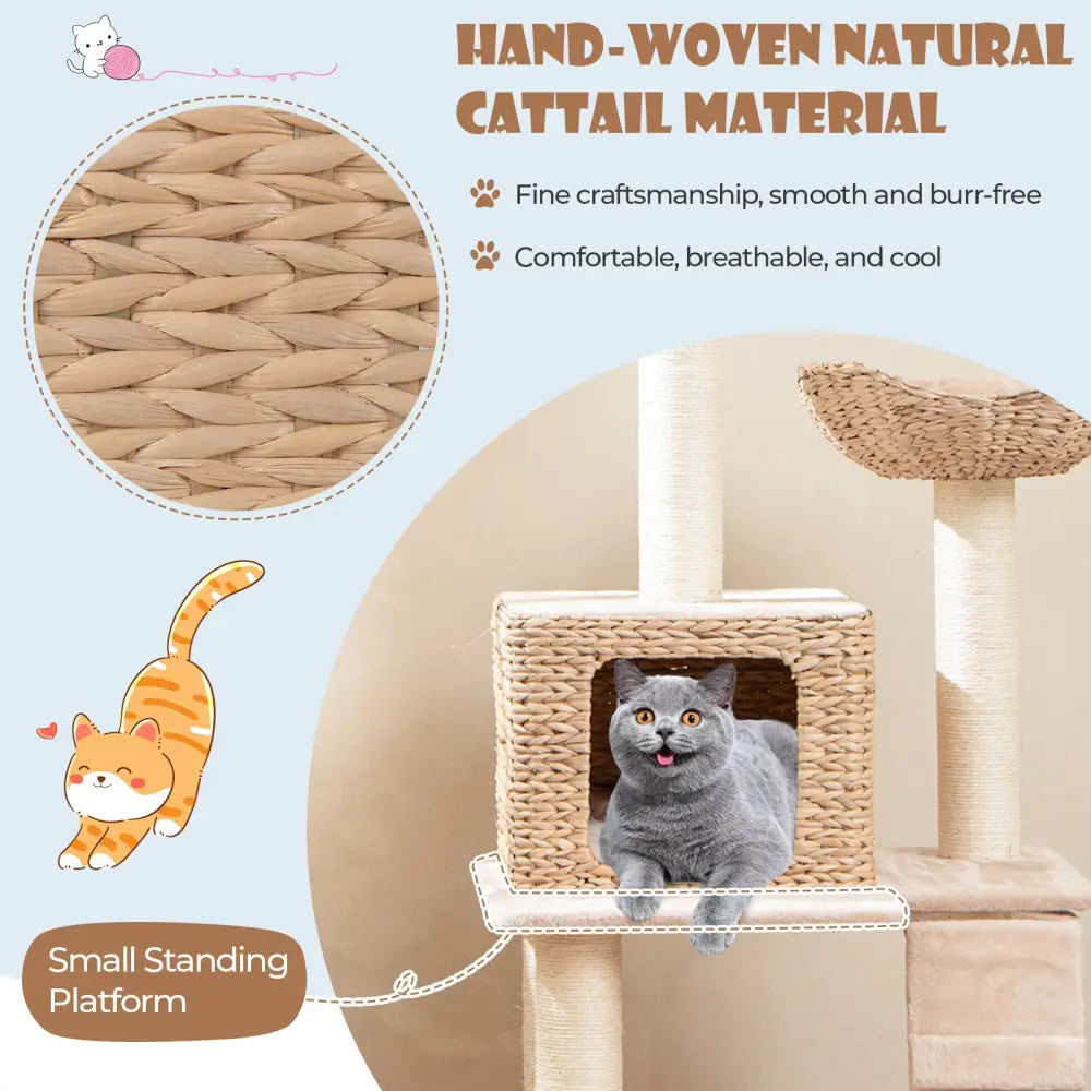 48 Inch Cattail Cat Tower with Sisal Scratching Posts Perch and Condo-Beige - Beige - Cat Trees Condos & Scratchers